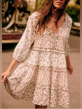 Sezane Vivi Tiered Floral Mini Dress Pink and Blue 36